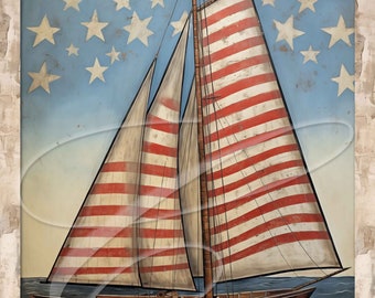May include: A vintage-style painting of a sailboat with red and white striped sails against a blue sky with white stars. The text "This Land is Your Land" is at the bottom of the image.