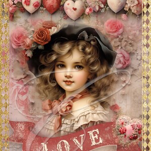 Étiquette de pays vintage primitive bocaux jpeg numériques, plateaux à plusieurs niveaux, enseignes, impressions, oreillers Saint-Valentin victorienne fille fleurs coeurs techniques mixtes
