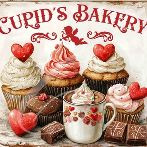 May include: A sign that reads "Cupid's Bakery" with a red heart and a cupid with an arrow. There are cupcakes with red hearts and chocolate cupcakes. There is also a mug with a red heart and a chocolate bar.