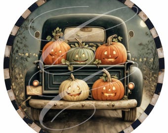 Primitive Retro Halloween Pumpkin Jack-O-Lantern and Truck. 12" Round