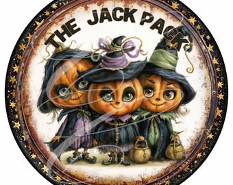 Primitive Retro Halloween Pumpkin Jack-O-Lantern Jack Pack PNG, Vintage Style Digital Label (12" Round)
