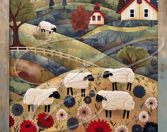 Primitive Vintage Country Digital jpg, Tiered trays, signs, prints, Folk Art, Naive Art, Whimsical Art Sheep, Farm Faux Quilt 2 Versions!