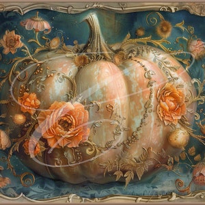 May include: A large, pale orange pumpkin with intricate gold and white floral designs. The pumpkin is surrounded by delicate vines and flowers, creating a whimsical and elegant autumnal scene.