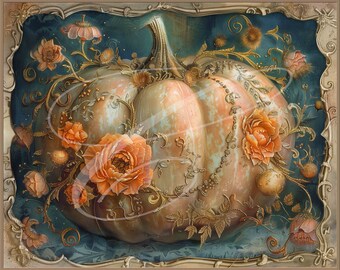 May include: A large, pale orange pumpkin with intricate gold and white floral designs. The pumpkin is surrounded by delicate vines and flowers, creating a whimsical and elegant autumnal scene.