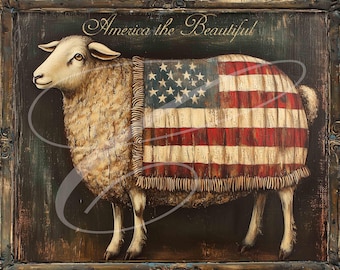 Primitive Vintage farmhouse Label Digital jpeg Jars, Pillows, signs, prints, Pillows, Americana, patriotic, Flag Sheep Lamb Folk Art
