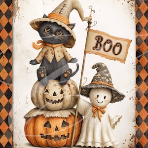 May include: A whimsical Halloween-themed illustration featuring a black cat in a witch hat atop a carved pumpkin. A friendly ghost figure holds a flag that says "BOO". The artwork has a vintage, storybook style with a decorative orange and black border.