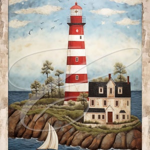 Puede incluir: Un faro rojo y blanco a rayas con una casa blanca delante. El faro está en un acantilado rocoso con vistas al océano. Un velero está en el agua frente al faro. El cielo es azul con nubes blancas y estrellas. El texto "This Land is Your Land" está en la parte inferior de la imagen.