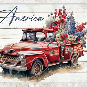 Etiqueta de granja vintage primitiva digital jpeg tarros, almohadas, letreros, impresiones, almohadas, americana, patriótico, bandera camión rojo blanco azul
