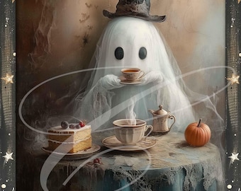 Primitive Vintage Label JPEG Digital Jars, Tiered tray, Wreath sign, print, Whimsical Halloween Ghost W/Top Hat & Tea 8x10