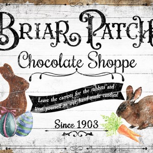 Puede incluir: Un letrero de estilo vintage para una tienda de chocolate llamada "Briar Patch Chocolate Shoppe". El letrero presenta un conejito de chocolate, huevos de Pascua y un conejo comiendo una zanahoria. El texto en el letrero dice "Deja las zanahorias para los conejos y date el gusto con nuestros dulces hechos a mano! Desde 1903."