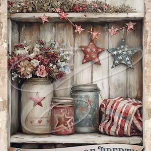May include: A rustic wooden shelf with three jars decorated with stars and hearts. The shelf is decorated with a garland of red, white, and blue stars. The text "Sweet Land of Liberty" is written on a banner below the shelf.
