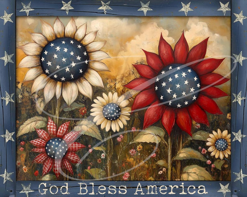 May include: A patriotic painting of sunflowers with red, white and blue colours. The sunflowers have a star pattern in the centre. The painting is framed in blue wood with white stars. The text "God Bless America" is at the bottom of the painting.