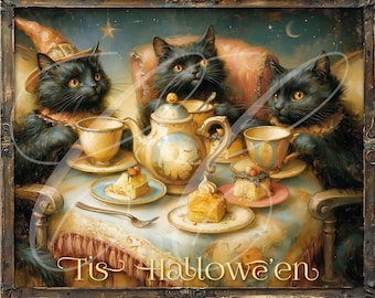 Vintage Style Halloween Black Cats Tea Party Print | Whimsical Spooky Scene (Digital Download) 8"x10" TWO Versions!