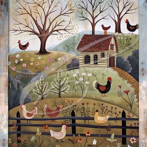 Primitive Vintage Country Digitale jpg, gelaagde dienbladen, borden, prenten, volkskunst, naïeve kunst, grillige kunstkippen, boerderij-faux-quilt 2 versies!