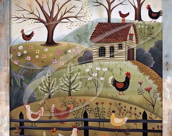 Primitive Vintage Country Digital jpg, Tiered trays, signs, prints, Folk Art, Naive Art, Whimsical Art Chickens, Farm Faux Quilt 2 Versions!