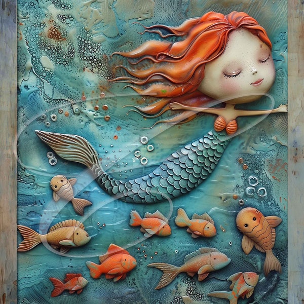 Primitive Folk Art Whimsical Digital jpeg, Wreath sign, prints, Little mermaid sea nautical beach ocean Fish Faux Dimensional 2Versions!