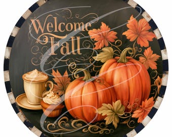 Vintage Fall Pumpkin Welcome Sign, Autumn Harvest Digital Print TWO VERSIONS! 10"x8" and 12" Round