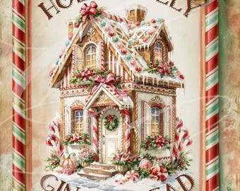Gingerbread House Cookie Christmas Label, Vintage Candy Cane Design (Digital Download) 8"x10" JPEG FOUR Pack!