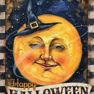 Primitive Vintage Folk Art  Label jpeg Digital Jars, Tiered trays, wreath signs, prints, Pillows, Halloween Full Moon Witch Fall Check