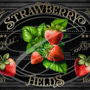 Primitive Vintage Country Label Farm Digital jpeg Jars, Tiered trays, signs, prints, Strawberry Fields Old label Distressed Elegant Fruit