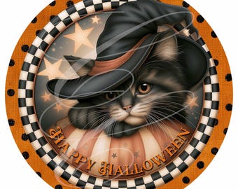 Primitive Retro Halloween Pumpkin Jack-O-Lantern Black Kitten PNG, Vintage Style Digital Label (12" Round) TWO Versions!