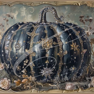 May include: A large, dark blue pumpkin with a gold and silver glitter design. The pumpkin is surrounded by a floral background.