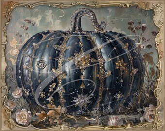 May include: A large, dark blue pumpkin with a gold and silver glitter design. The pumpkin is surrounded by a floral background.