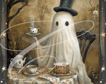 Primitive Vintage Label JPEG Digital Jars, Tiered tray, Wreath sign, print, Whimsical Halloween Ghost W/Top Hat & Tea 8x10