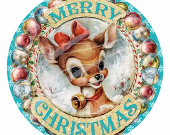 Baby Christmas Reindeer Label, Vintage Candy Cane Design (Digital Download) 11.75"(no text)  & 11.50" (with text) Round PNG FOUR Pack!