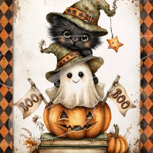 Könnte beinhalten: Eine skurrile Halloween-Illustration mit einer schwarzen Katze mit Hexenhut, die auf einem Geist und einem geschnitzten Kürbis sitzt. Der Kürbis liegt auf Büchern, mit "BOO" -Flaggen und einem Stern. Das Bild hat einen orange-schwarzen Rahmen.