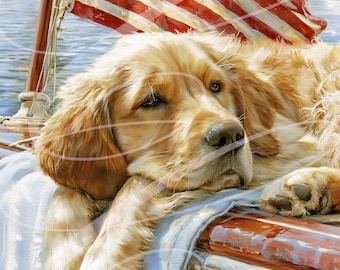 Vintage Nautical Dog Print, Golden Retriever Sailboat American Flag (Digital Download) 8"x10" AND 11"x14"