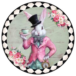 May include: A white rabbit wearing a pink jacket, a black and white bow tie, and a black top hat holds a teacup and saucer. The rabbit is standing on a green and white checkered background with floral accents.