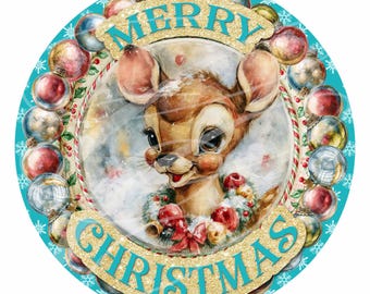 Baby Christmas Reindeer Label, Vintage Candy Cane Design (Digital Download) 11.75" (no text) and 11.5" (with text) Round PNG FOUR Pack!