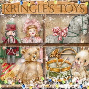 May include: A vintage-style illustration of a toy shop window, featuring a nutcracker, doll, teddy bear, rocking horse, drum, trumpet, and bunny. The sign above reads "Kringle's Toys". The window is decorated with Christmas lights and snow.