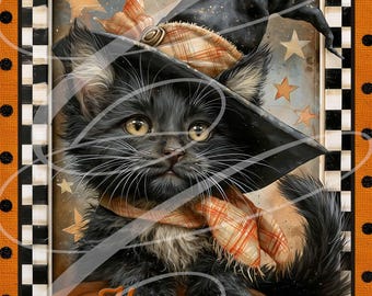 Primitive Retro Halloween Pumpkin And Black Cat Kitten Whimsical JPEG, Vintage Style Digital Label 8"x10" TWO Versions!