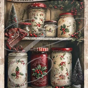 May include: A vintage-style illustration of a shelf with jars decorated with holly and berries. The jars are labeled with handwritten text, including "Christmas" and "Homemade." The shelf is decorated with a red and white knitted stocking and two small pine trees.