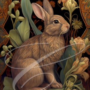 May include: A brown rabbit sits in a lush green garden with delicate white flowers and intricate gold leaf patterns in the background.