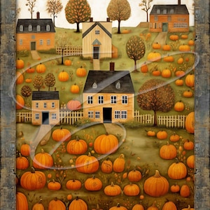 以下が含まれることがあります： 家、木、カボチャのある秋の風景を描いた絵画。絵の上部には「Nature's first green is gold」というテキストが、下部には「Her hardest hue to hold」というテキストが書かれている。