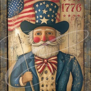 May include: A painting of a cartoon Uncle Sam holding a sparkler and wearing a blue suit, red bow tie, and a top hat with stars. The background is a wooden plank wall with an American flag and the year 1776.