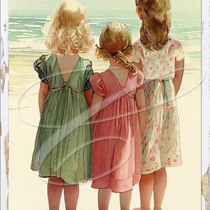 Primitive Vintage Country Label Farm Digital jpg Jars, Tiered trays, signs, prints, Pillows Summer Beach ocean Children Three Sisters Girls
