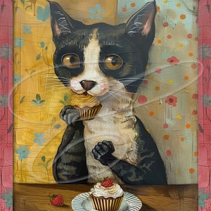 Primitive Vintage Label Digital jpeg, Tiered trays, signs, prints, Pillows Naive Outsider Whimsical Folk Art Cat Eating Afters Cupcake