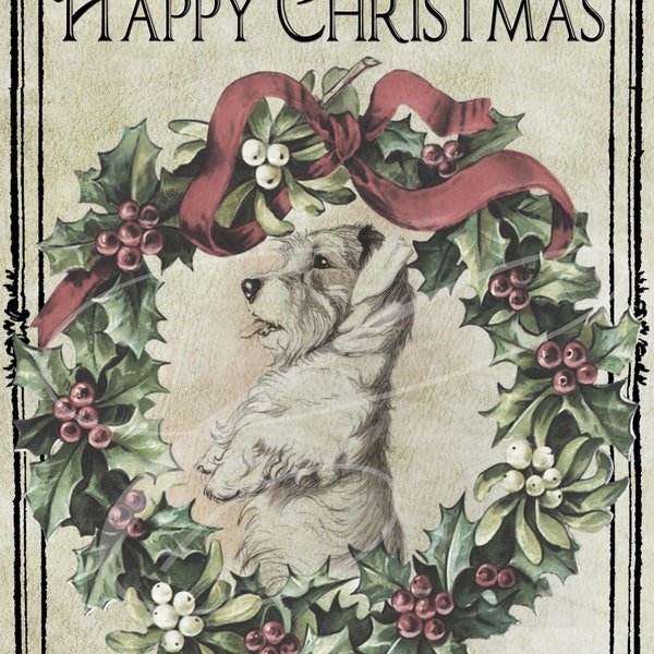 Primitive Vintage Victorian Christmas Logo Label jpeg Digital jpeg Jars, Tiered trays, signs, prints, Pillows, puppy terrier Sealyham