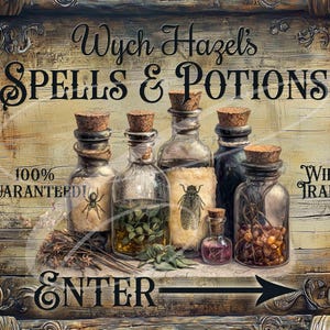Könnte beinhalten: Ein Schild im Vintage-Stil mit dem Text "Wych Hazel's Spells & Potions" in schwarzen Buchstaben auf einem Holzgrund. Das Schild enthält auch den Text "100% Guaranteed" und "Will Trade" und zeigt fünf Glasflaschen mit verschiedenen farbigen Flüssigkeiten und Etiketten.