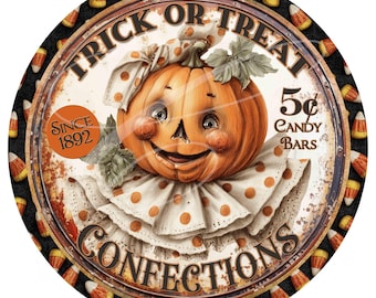 Etiquetas PNG retro vintage primitivas, frascos digitales, bandejas escalonadas, letreros, impresiones, almohadas, dulces de Halloween primitivos con forma de calabaza, redondos de 11.5"