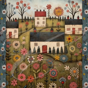 May include: A whimsical painting of a colorful garden with houses and flowers. The houses have red roofs and white walls. The flowers are in various colors, including red, yellow, blue, and pink. The painting is titled "Grandmother's Garden".