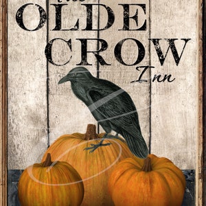 Op de afbeelding: Een rustiek houten bord met de tekst "The Olde Crow Inn" in zwarte letters. Een zwarte raaf zit bovenop een grote oranje pompoen, met twee kleinere pompoenen ervoor.