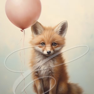 May include: A small, orange fox cub sits with a pink balloon tied to its back. The fox has a soft, fluffy coat and big, curious eyes. The background is a soft, light blue.