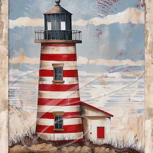 Puede incluir: Un faro rojo y blanco a rayas con un techo negro y una pequeña bandera estadounidense en la parte superior. El faro está en una playa de arena con hierba verde y el texto "This Land is Your Land" en la parte inferior.