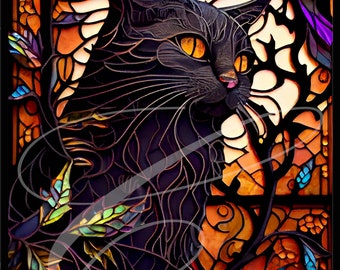 May include: A black cat with yellow eyes is depicted in a stained glass style. The cat is surrounded by a colourful, intricate design of leaves and vines.