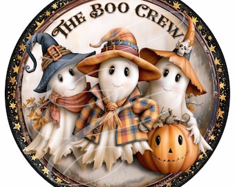 Vintage Halloween Cute Sheet Ghost Trio PNG, Retro Boo Crew Label (Digital Download) 12"